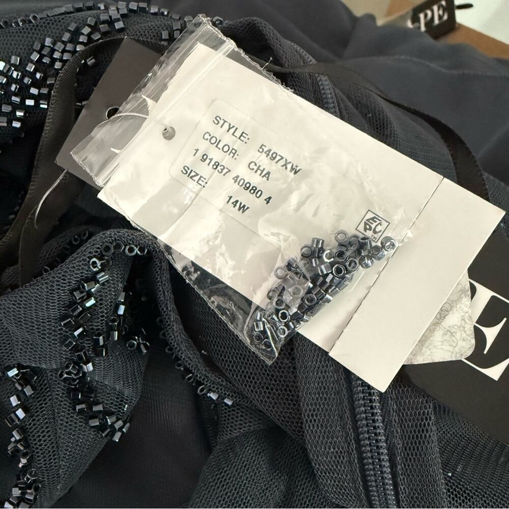 XSCAPE Beaded Illusion-Trim Side-Ruched Gown Charcoal Women’s NWT - Picture 11 of 14